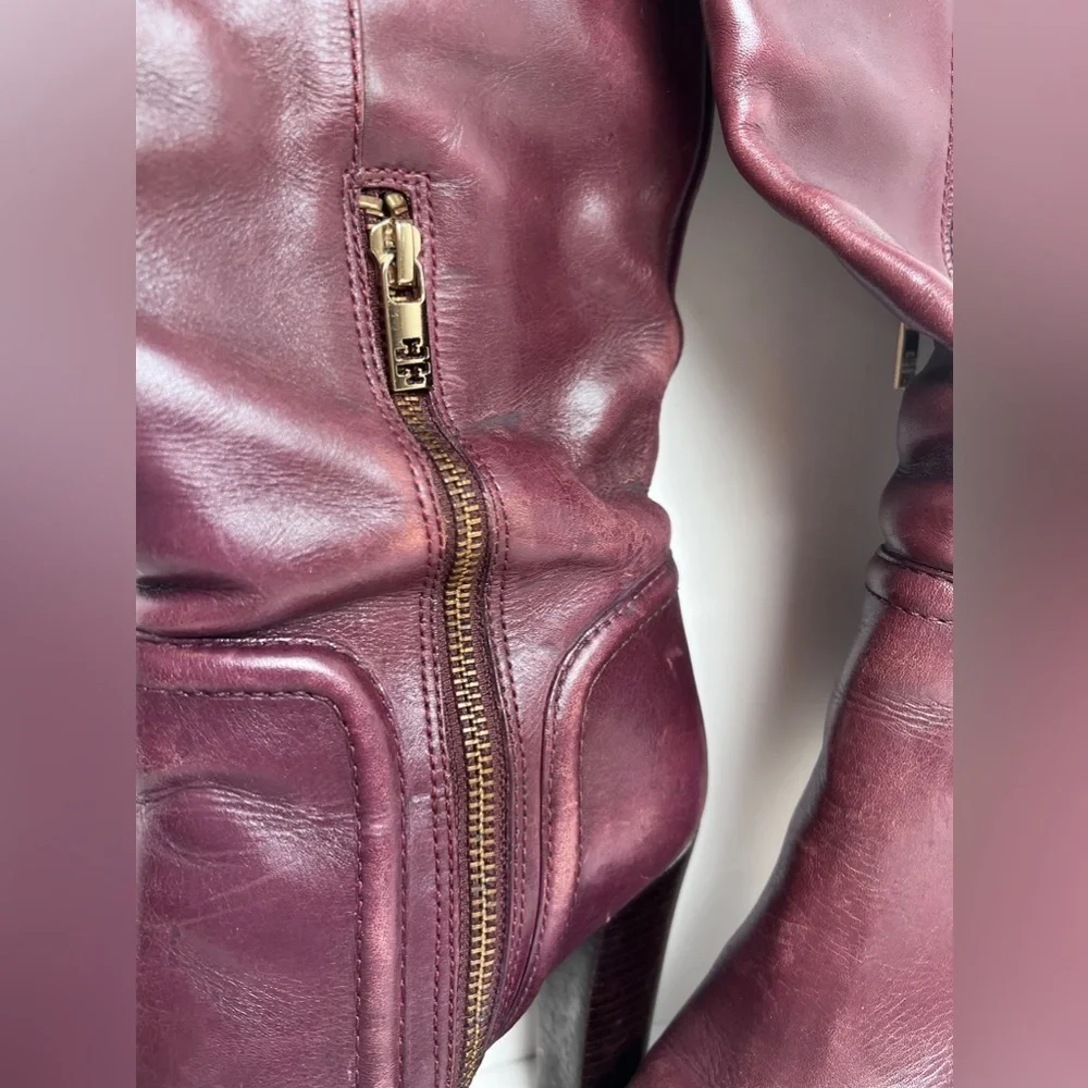 TORY BURCH wine/eggplant leather gold logo platform heeled knee high boots 8
